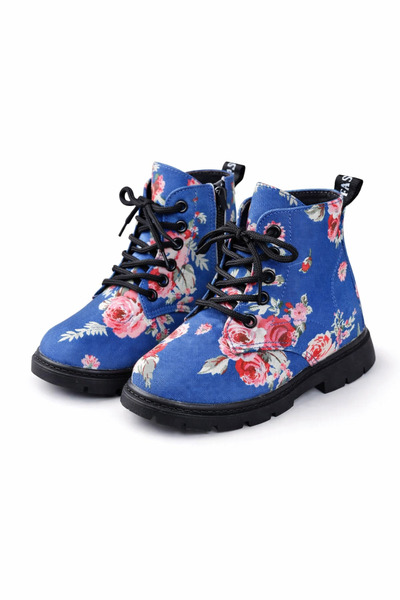 Superbaby Blue baby girl first steps boots with colorful flowers, laces and z...