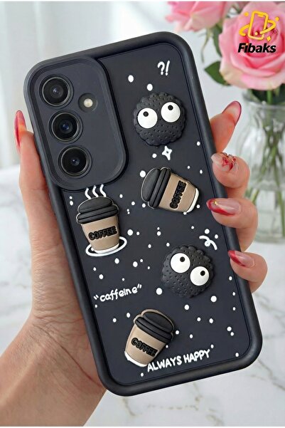 Fibaks Samsung Galaxy A56 Uyumlu Kamera Korumalı Coffee Kurabiye Figürlü Siyah Yumuşak Silikon Kapak