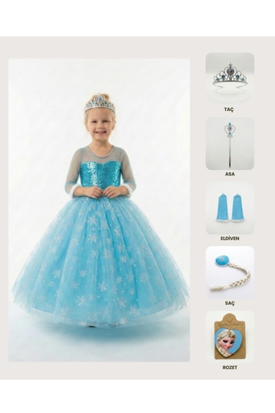 BUTİKHAPPYKİDS Prenses Elsa Kostümü Uzun Kollu Elsa Kostümü Taç Asa Saç Eldiven Rozet 6 Lı Set