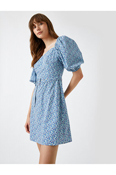 Koton Poplin Dress Floral Balloon Sleeve Belt Cotton