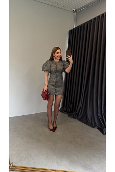 elif teke Kopi Pullu Elbise Gri