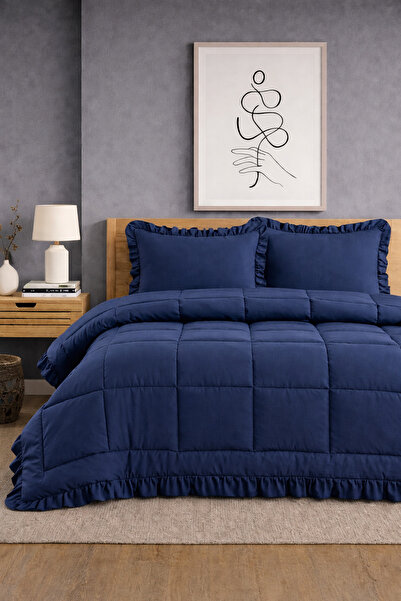 POMELO HOME Tek Kişilik Fırfırlı Uyku Seti Lacivert - %100 Pamuk Çarşaflı Yum...