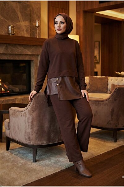 MR.MODAMİRA Kadın Pamuk Viskon Kahve Tarz Spor Tunik Deri ve Düğme Detaylı İk...