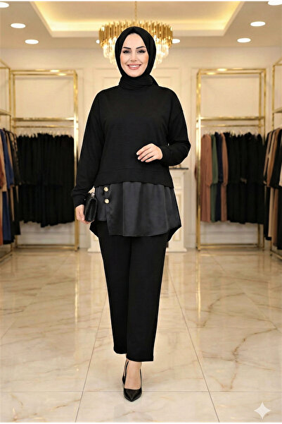 MR.MODAMİRA Kadın Siyah Pamuk Viskon Tarz Spor Tunik Deri ve Düğme Detaylı İk...