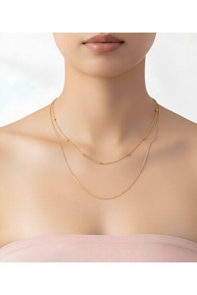 RÜZGARBİJÜTERİ İkili Gold Kolye Seti – Sade Düz Zincir & Top Detaylı İnce Kol...