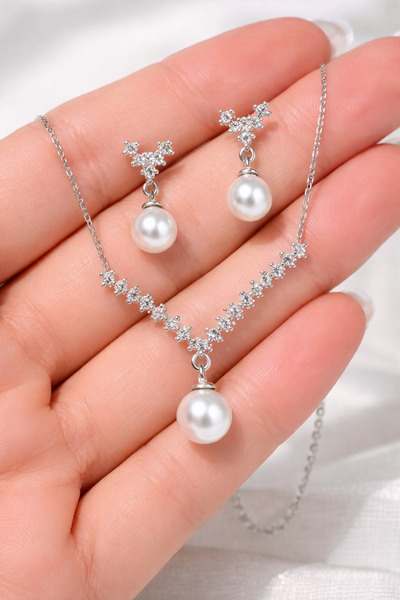 Siset Gümüş 925 Ayar Rodyum Kaplama Su Yolu İkili İnci Gümüş Set