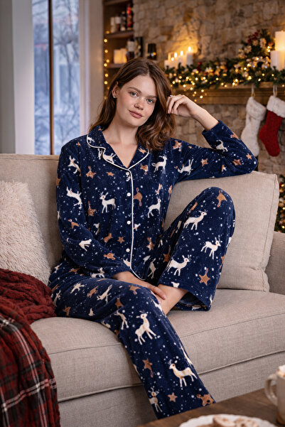 nisaNCa Kışlık Yılbaşı Desenli Kadın Gömlek Polar Pijama Takımı- Geyikli Yılbaşı Pijaması