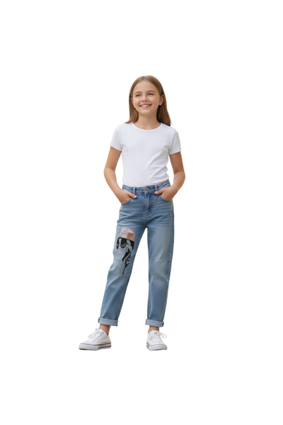 Escabel Girls' Jeans Trousers Jean 100% Cotton Embroidery Printed Denim Fabric
