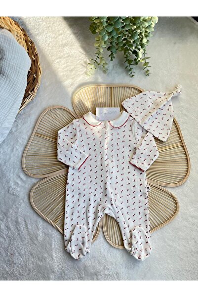 Bebessi %100 Pamuk Kırmızı Çiçek Desenli Fermuarlı Şapkalı Tulum