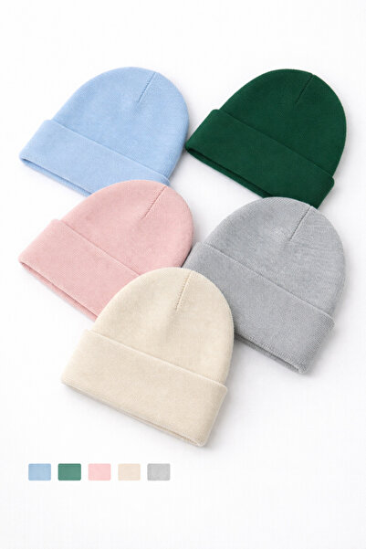 KISCHE Unisex Düz Basic Katlamalı Kışlık Yerli 5'li Bere Takımı