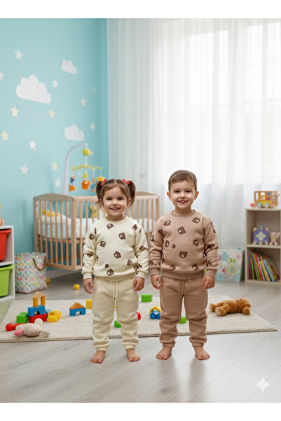 VALORYA Bears Ayıcıklı 2'li Alt üst KREM Kalın Kışlık Eşofman Takımı Kız Bebe...