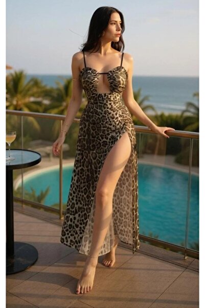SİA LESS Leopar Seksi Mini Göğüs Dekolteli Elbise