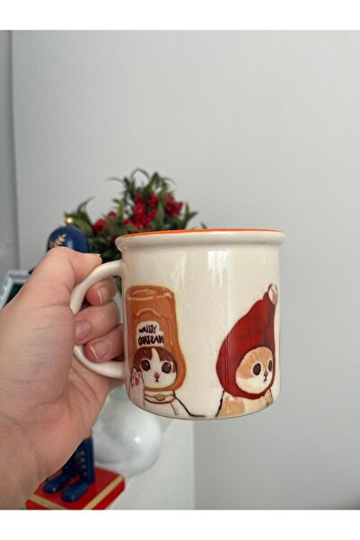 Ceribo Co. Baskılı Porsen Turuncu Kupa Kedi Temalı Baskılı Çay ve Kahve Kupası