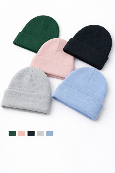 KISCHE Unisex Düz Basic Katlamalı Kışlık Yerli 5'li Bere Takımı