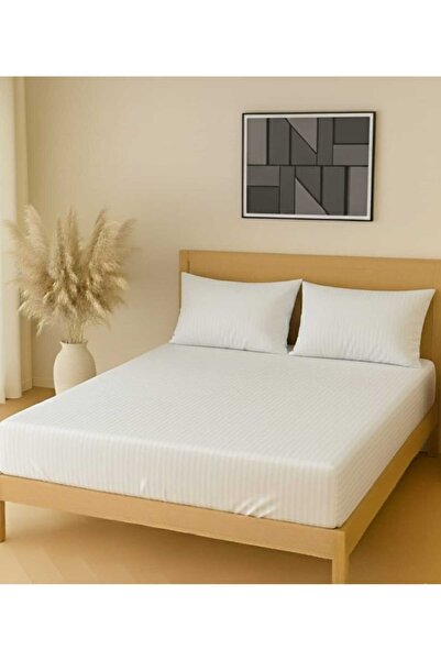 nefisenem Minimal Striped Cotton Satin White Color Bed Sheet Set (Including Pillowcases)