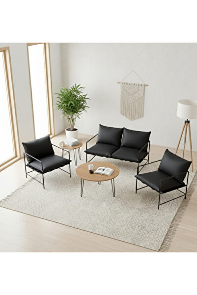 SLLER Klas Model Metal İskeletli Portatif Oturma Grubu ,Siyah Suni Deri Döşem...