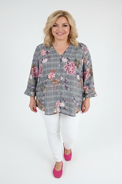 SHOPPEBUTİK V-Neck Front Buttoned Flywheel Sleeve Floral & Bird Pattern Stylish Blouse Suitable for Casual and Stylish Outfits