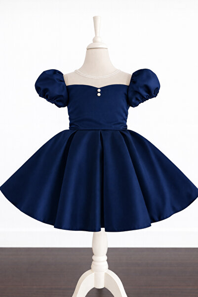 MUSGEM Özel Tasarım Lacivert Kısa Kol Inci Detaylı Kız Çocuk Abiye Elbise
