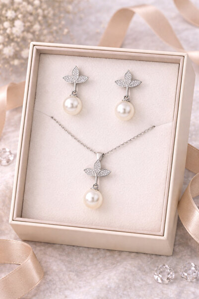 Siset Gümüş 925 Ayar Rodyum Kaplama İkili Gümüş İnci Set