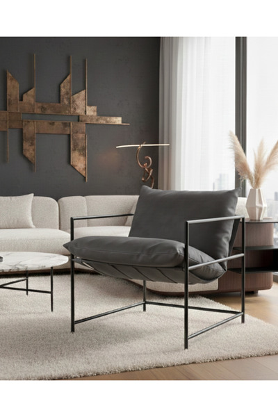 SLLER Klas Model Metal İskeletli Portatif Berjer , Antrasit Suni Deri Döşemel...