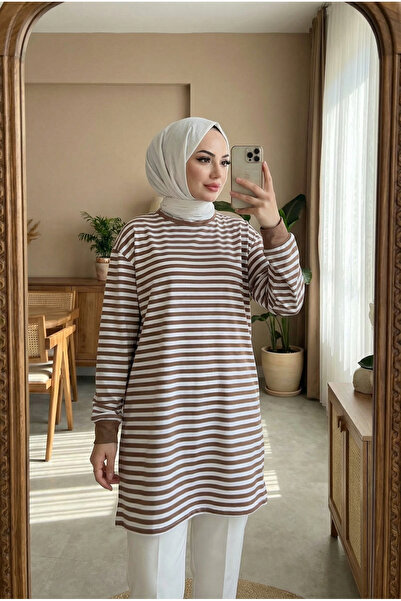 Bold Grup Fashion Neva Women's Brown Summer Striped Hijab Tunic