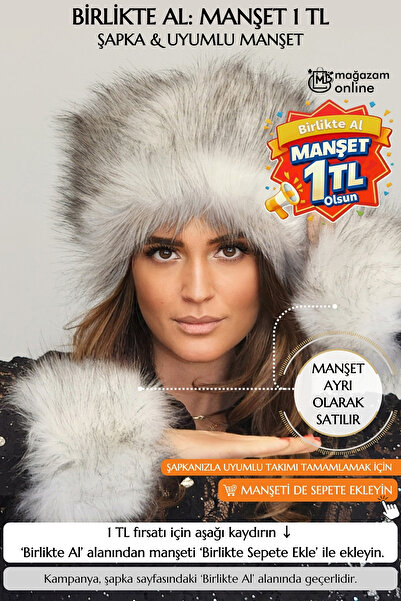 Mağazam Online قبعة كالباك طويلة الشعر على الطراز الروسي، قبعة شتوية من الفرو الصناعي النباتي - أسود وأبيض