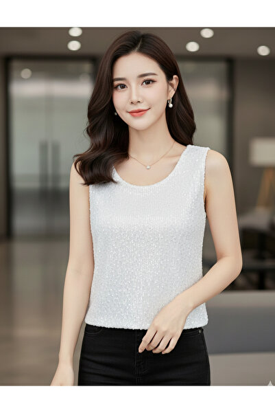 Mefa basic Beyaz  Parlak Payetli Bluz