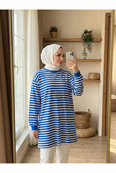 Bold Grup Moda Neva Kadın Saks Çizgili Tesettür Tunik