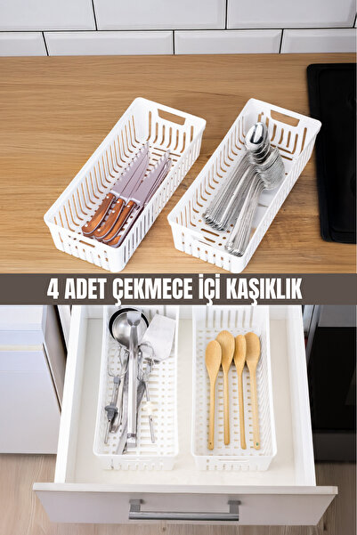 Metsar Home 4’lü Beyaz Mutfak Çekmece Düzenleyici – Kaşık Çatal Bıçak Organiz...