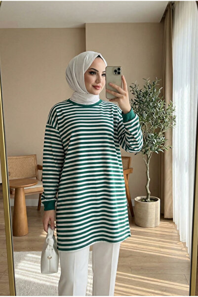 Bold Grup Moda Neva Women's Green Striped Hijab Tunic