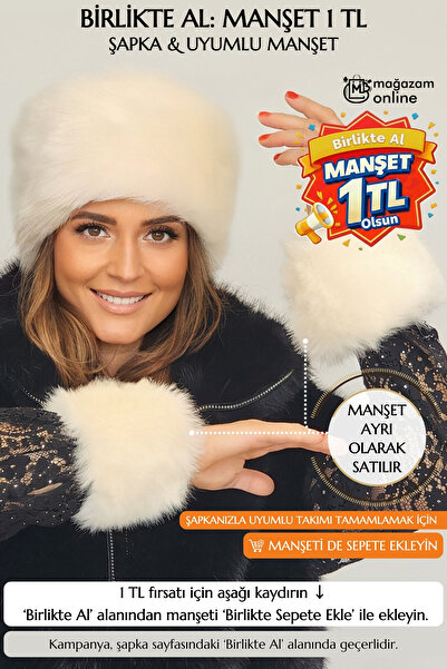 Mağazam Online Russian Style Long Fur Trendy Kalpak Hat Winter Plush Vegan Faux Fur - Dallas Ecru