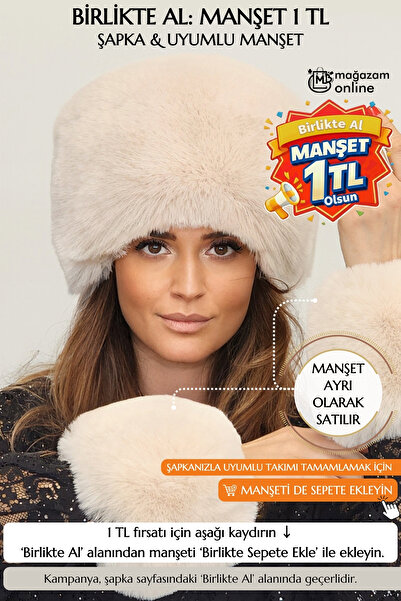 Mağazam Online Kabarık Yoğun Tüylü Peluş Suni Kürk Kalpak Şapka Kadın Kışlık Bere - Toscana Bej