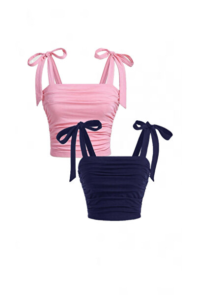 Wildco Top crop de vară cu fundă roz deschis și bleumarin - bretele late, leg...