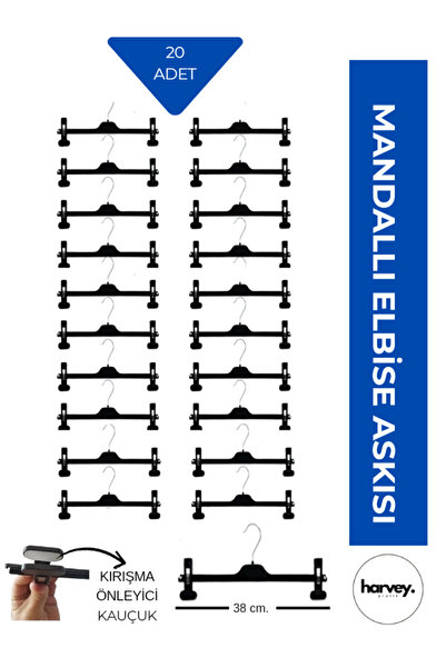 Harvey 20 Adet Etek Pantolon Askısı, Mandallı Askı, 38 Cm. Siyah Renk - Plastik Askılık