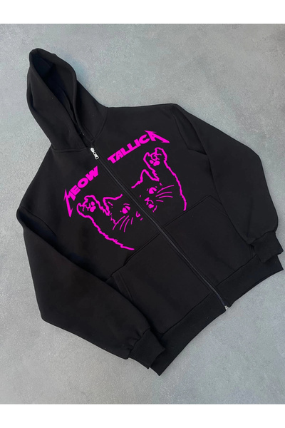 Alfanora Winter Printed Zippered Hooded Cardigan - Black