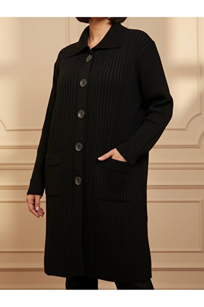 TEK Kışlık Triko Ceket Hırka Çelik Örgü / Siyah