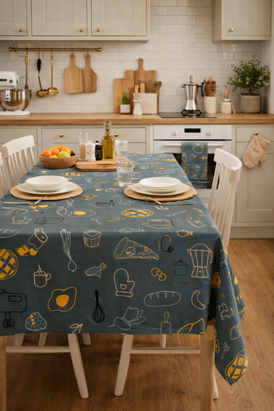 ALAMODECOR Petrol Yeşili Rengi Mutfak Aletleri Kupa Yemek Desenli Mutfak Masa...