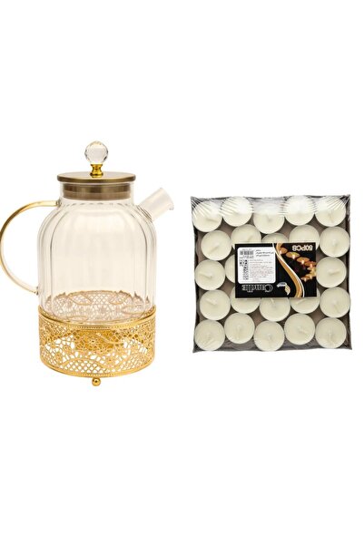 mawfoor طقم عدة شاي مكون من ابريق زجاج 1.5L + قاعدة تسخين ذهبيه + شمع