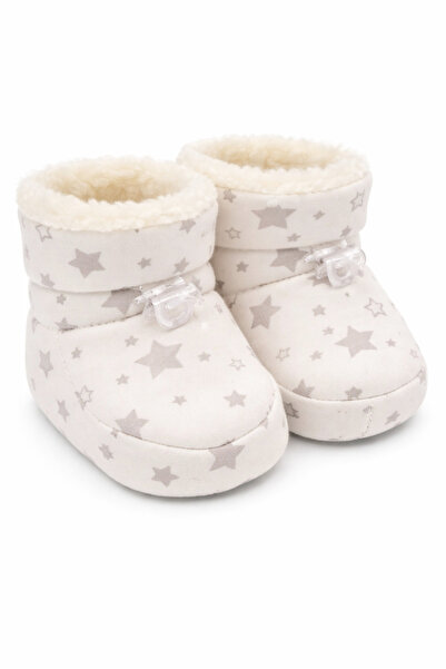 Superbaby White baby booties for first steps, fur lined, with stars