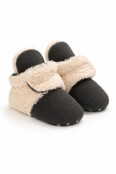 Superbaby Cizmulițe crem cu gri petrol pentru bebeluși pentru primii pași, îm...