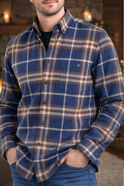 Varetta قميص رجالي شتوي من الصوف باللون الأزرق الداكن ذو قصة واسعة مع جيوب