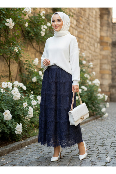 GigiTex Dark Blue Embroidered Lace Skirt, Length 90 Cm, Elastic Waist with Lining, Size 38--44