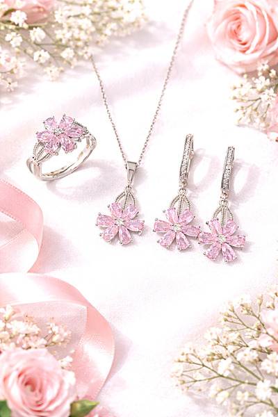 Siset Gümüş 925 Ayar Rodyum Kaplama Pembe Zirkon Taşlı Lotus Çiçeği Gümüş Set
