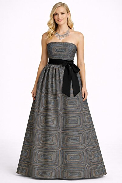 MERT ERKAN Lacivert & Gri Karışımlı İpek Brokar Straplez Maxi Elbise