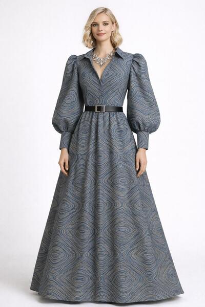 MERT ERKAN Gri & Lacivert Karışımlı İpek Brokar Kumaş Maxi Gömlek Elbise