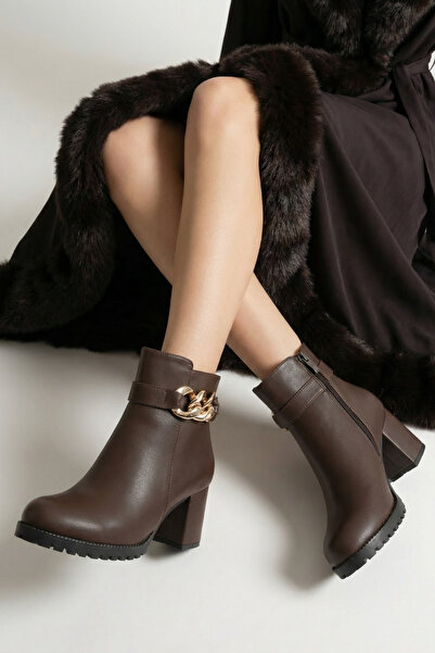 Savves Kadın Kahve Fermuarlı Toka Detaylı Günlük Kullanımlı Kısa Topuklu Bot ...