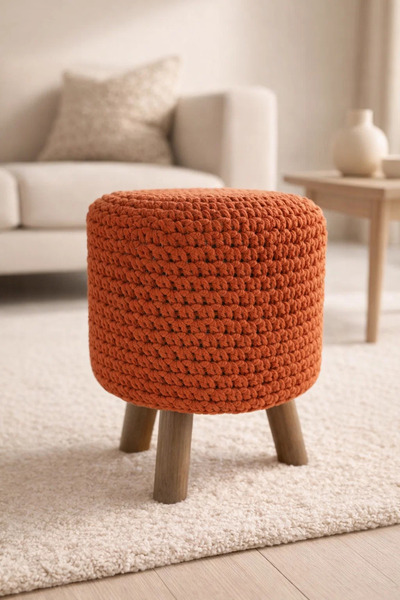 esdekor Home Scapes Örme Turuncu Tabure Puf 42x32x32 cm 1 Adet %100 Pamuk Kum...