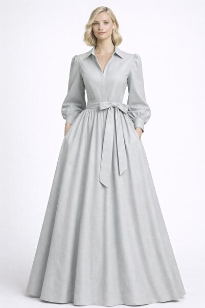 MERT ERKAN فستان قميص طويل من التفتا باللون الرمادي الفاتح مع فتحة مخفية وحزام