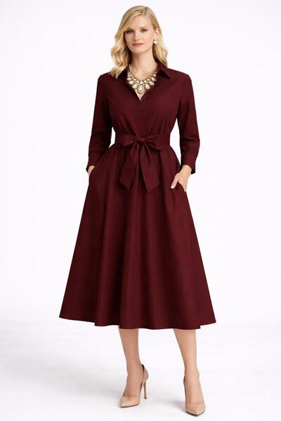 MERT ERKAN Seyyar Kuşaklı & Midi Boy Burgundy Tafta Gömlek Elbise