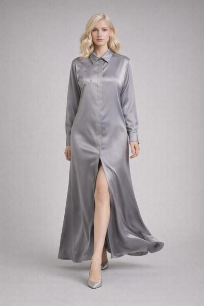 MERT ERKAN فستان قميص عادي من الساتان بطول طويل ومطرز بأشياء غامضة وفتحة مخفية